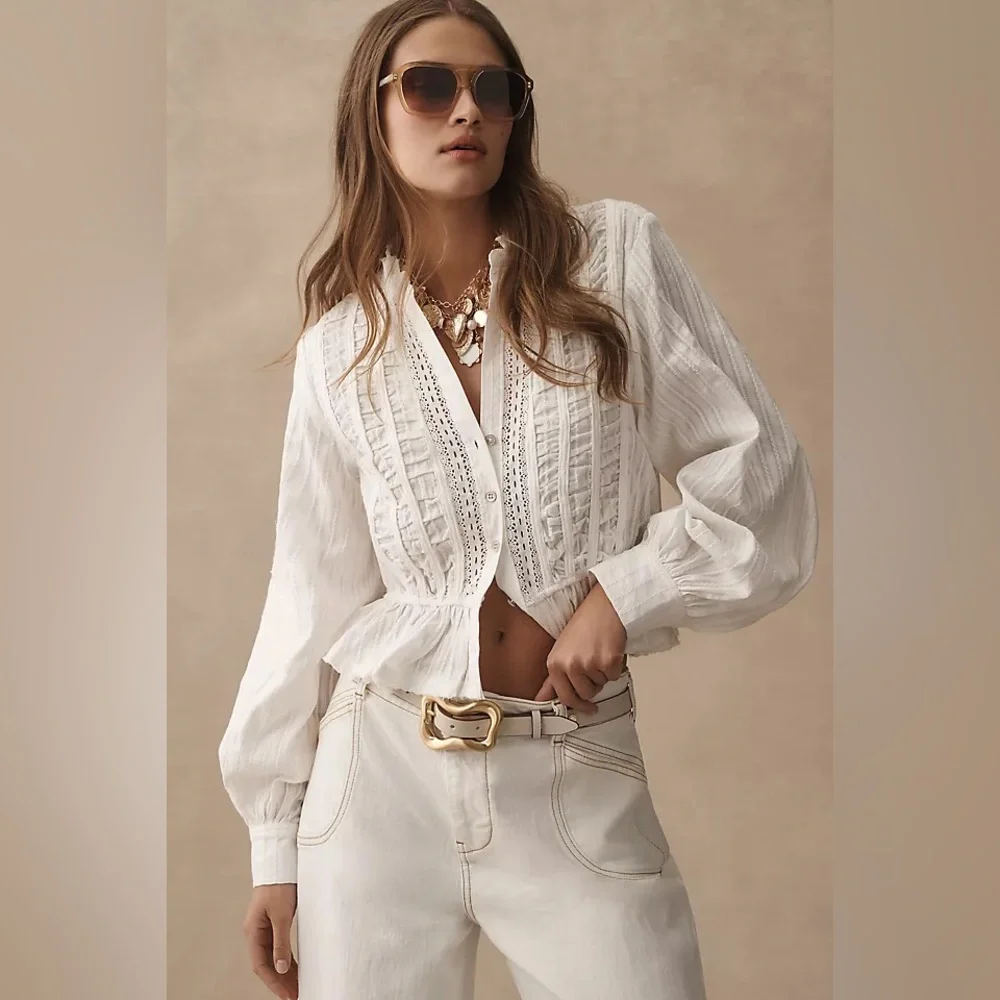 NWT Size L - Anthropologie 100% Cotton Ruched Delicate Blouse (NWT US$ 128) - Picture 7 of 15